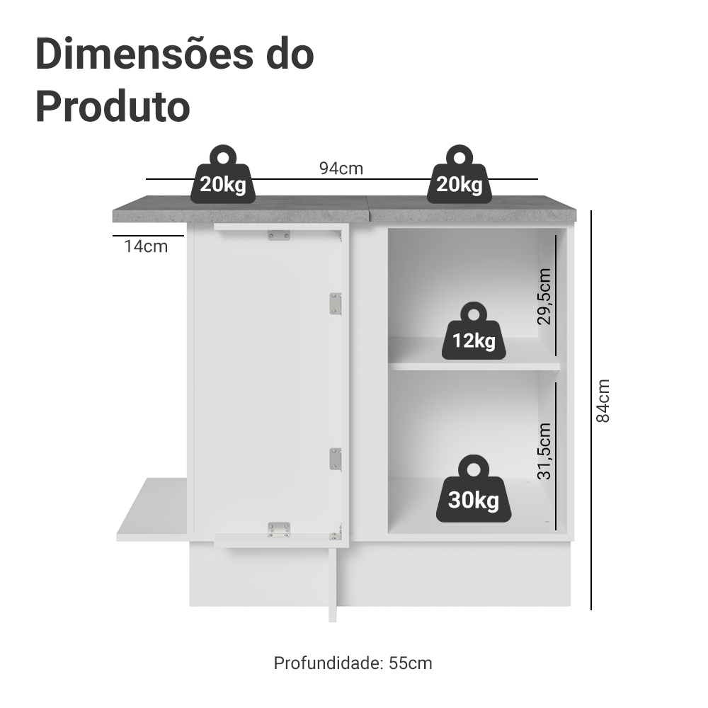 Balcão de Canto 1 Porta Branco/Cinza Lux Madesa