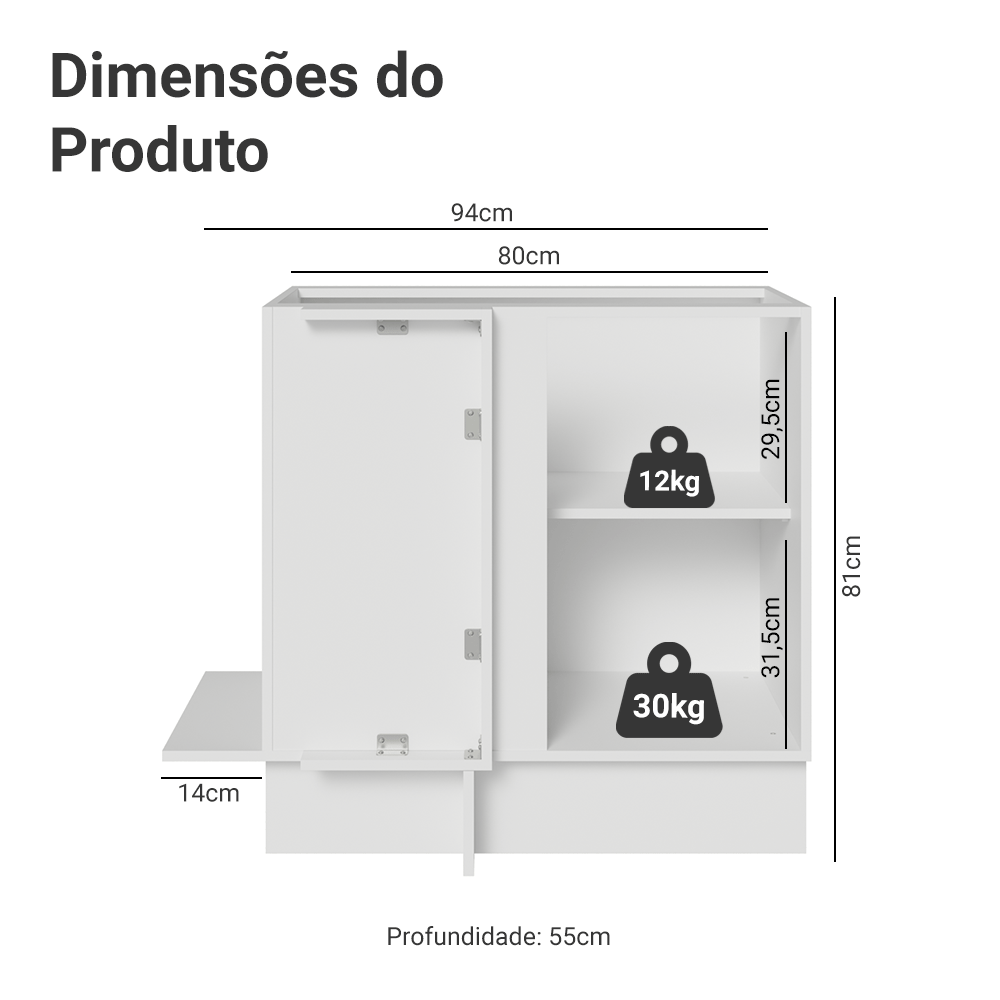Balcão de Canto 1 Porta (Sem Tampo) Branco/Cinza Lux Madesa