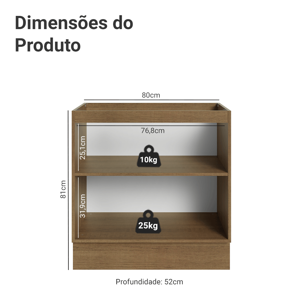 Balcão de Cozinha 80 cm 2 Portas (Sem Tampo) Rustic/Cinza Lux Madesa