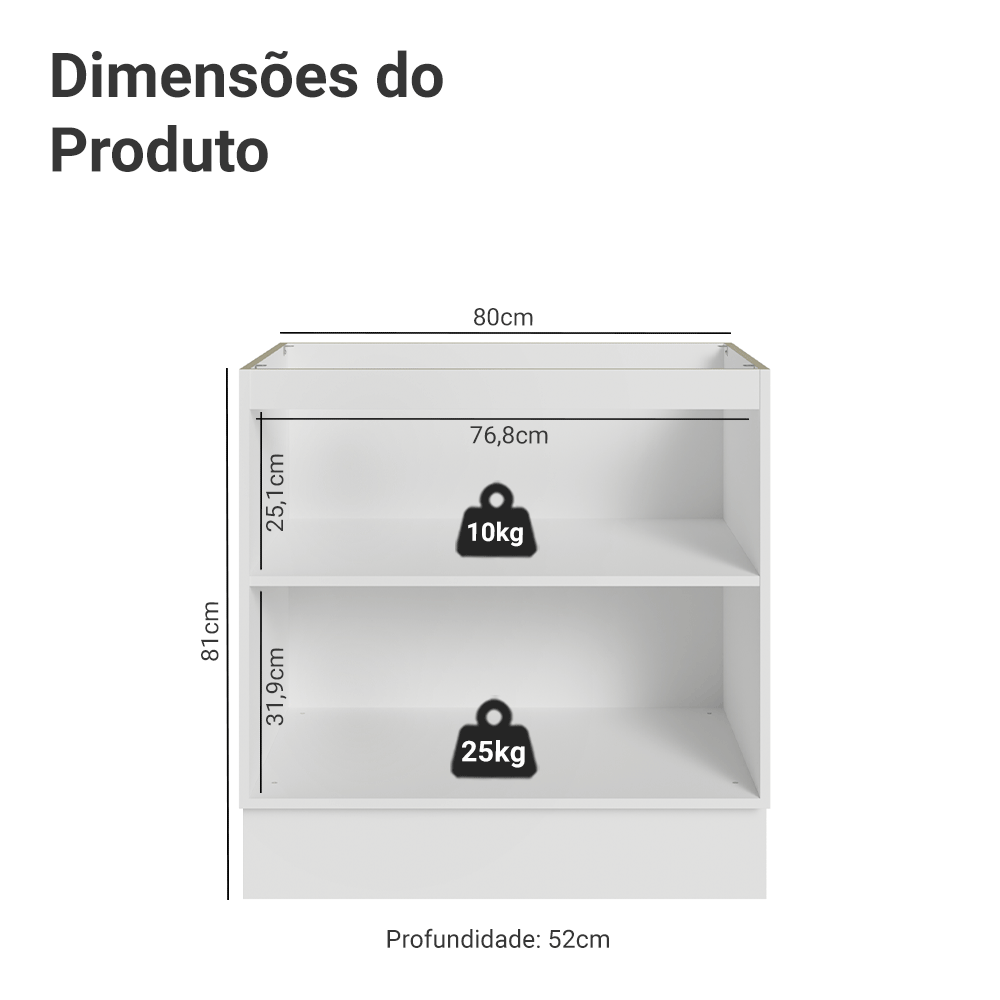 Balcão de Cozinha 80 cm 2 Portas (Sem Tampo) Branco/Cinza Lux Madesa