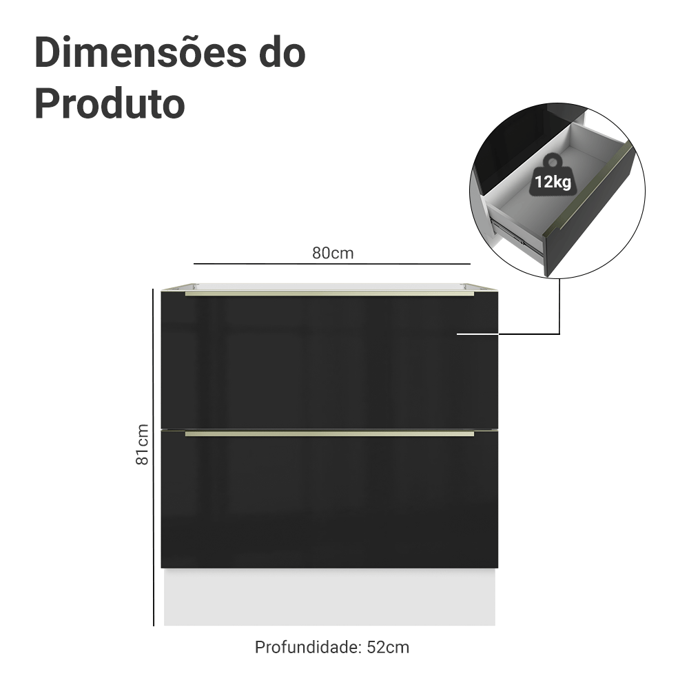 Balcão de Cozinha 80 cm 2 Gavetas (Sem Tampo) Branco/Preto Lux Madesa