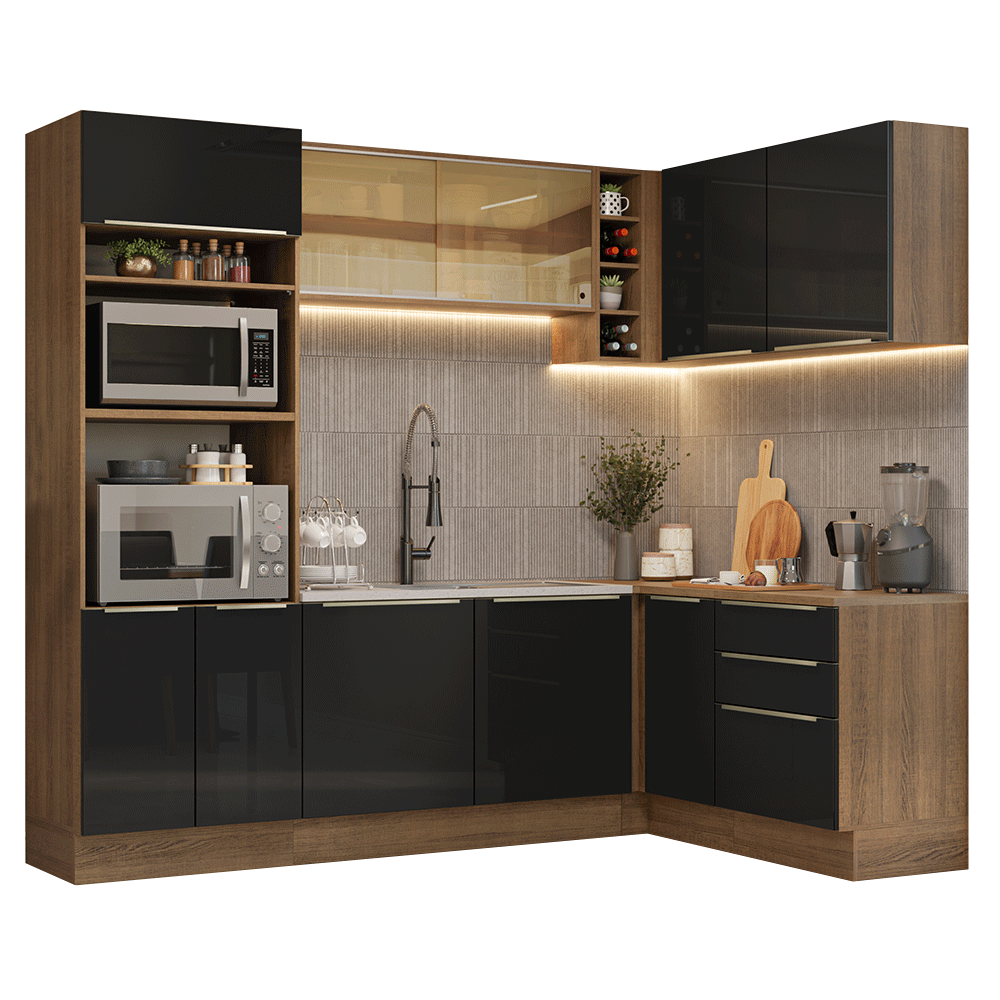 Armário de Cozinha Completa de Canto 399 cm Rustic/Preto Lux Madesa 01