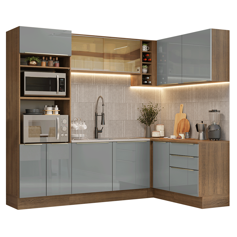 Armário de Cozinha Completa de Canto 399 cm Rustic/Cinza Lux Madesa 01