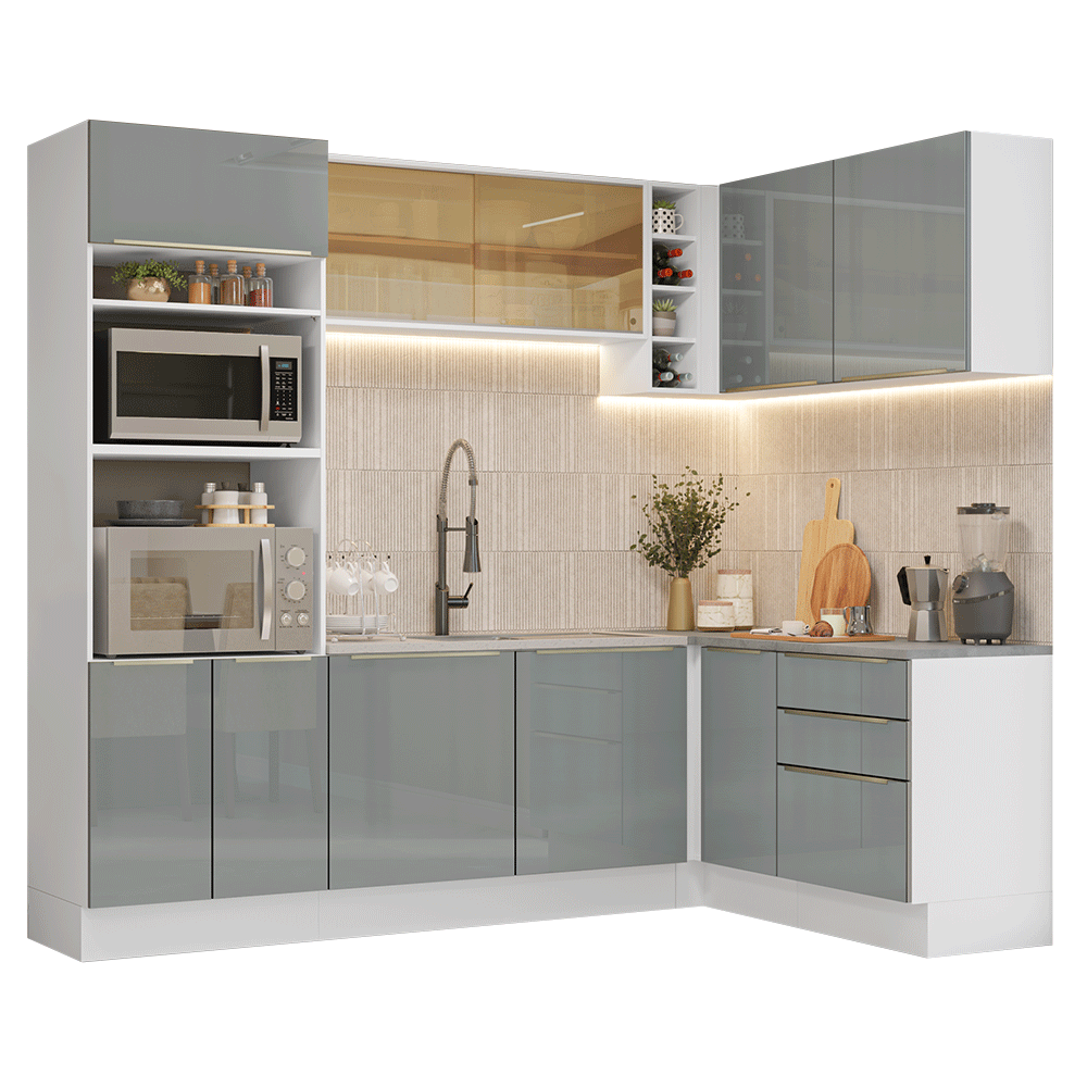 Armário de Cozinha Completa de Canto 399 cm Branco/Cinza Lux Madesa 01