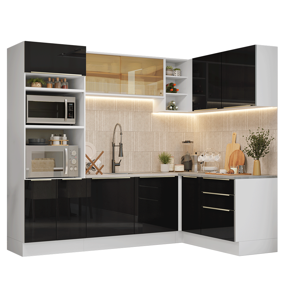 Armário de Cozinha Completa de Canto 416 x 60 cm Branco/Preto Lux Madesa 01