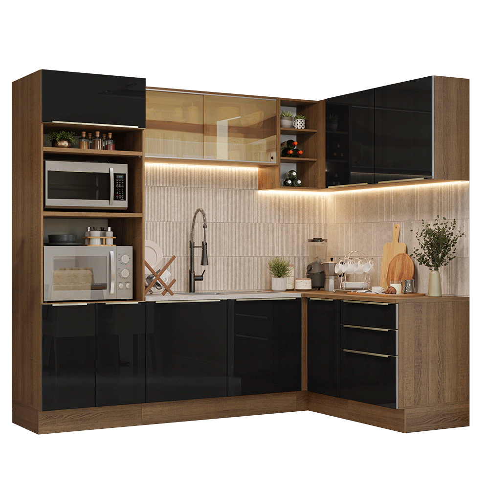 Armário de Cozinha Completa de Canto 416 x 60 cm Rustic/Preto Lux Madesa 01
