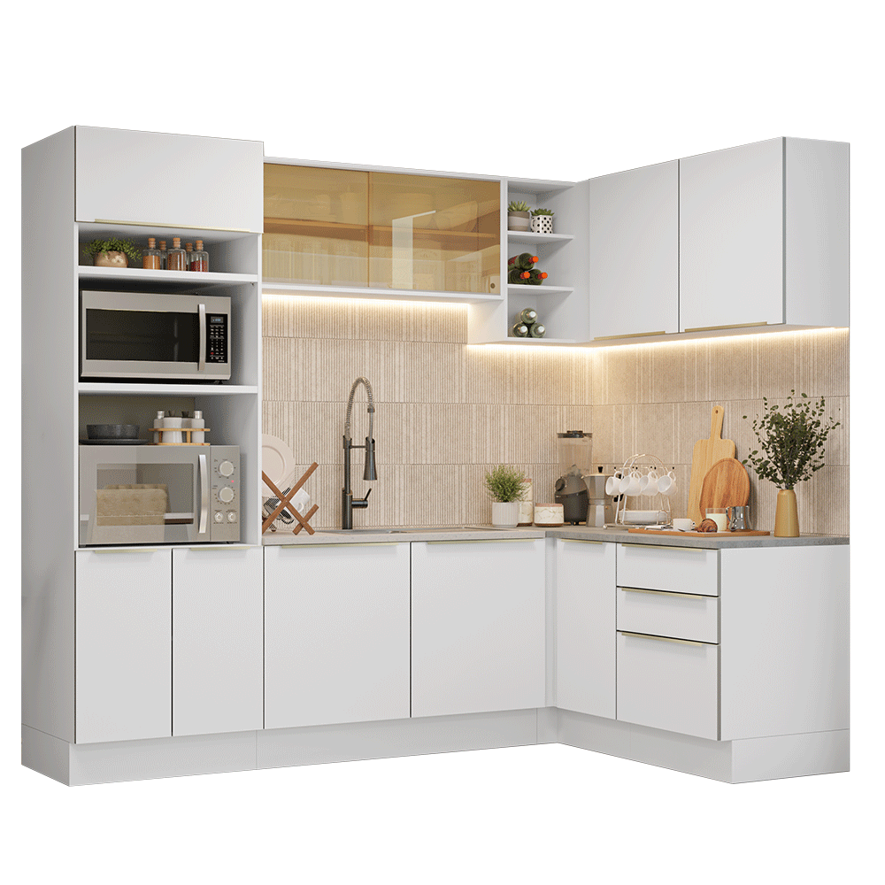 Armário de Cozinha Completa de Canto 416 x 60 cm Branco/Branco Veludo Lux Madesa 01