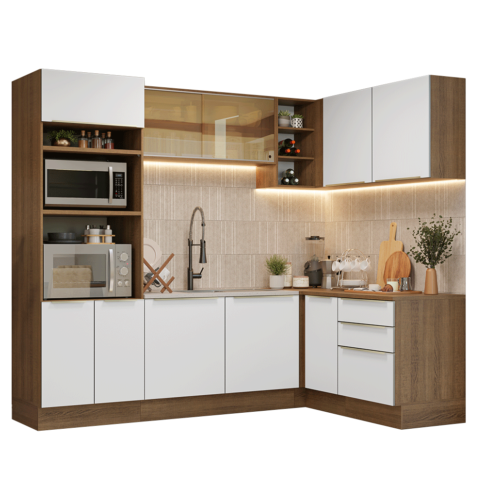 Armário de Cozinha Completa de Canto 416 x 60 cm Rustic/Branco Veludo Lux Madesa 01