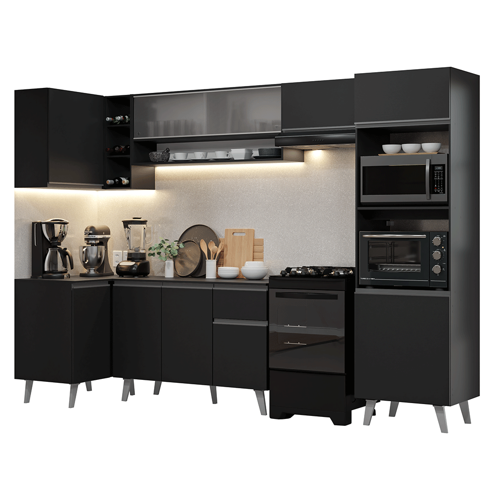 Armário de Cozinha Completa de Canto 385 cm Preto Nice Madesa 03