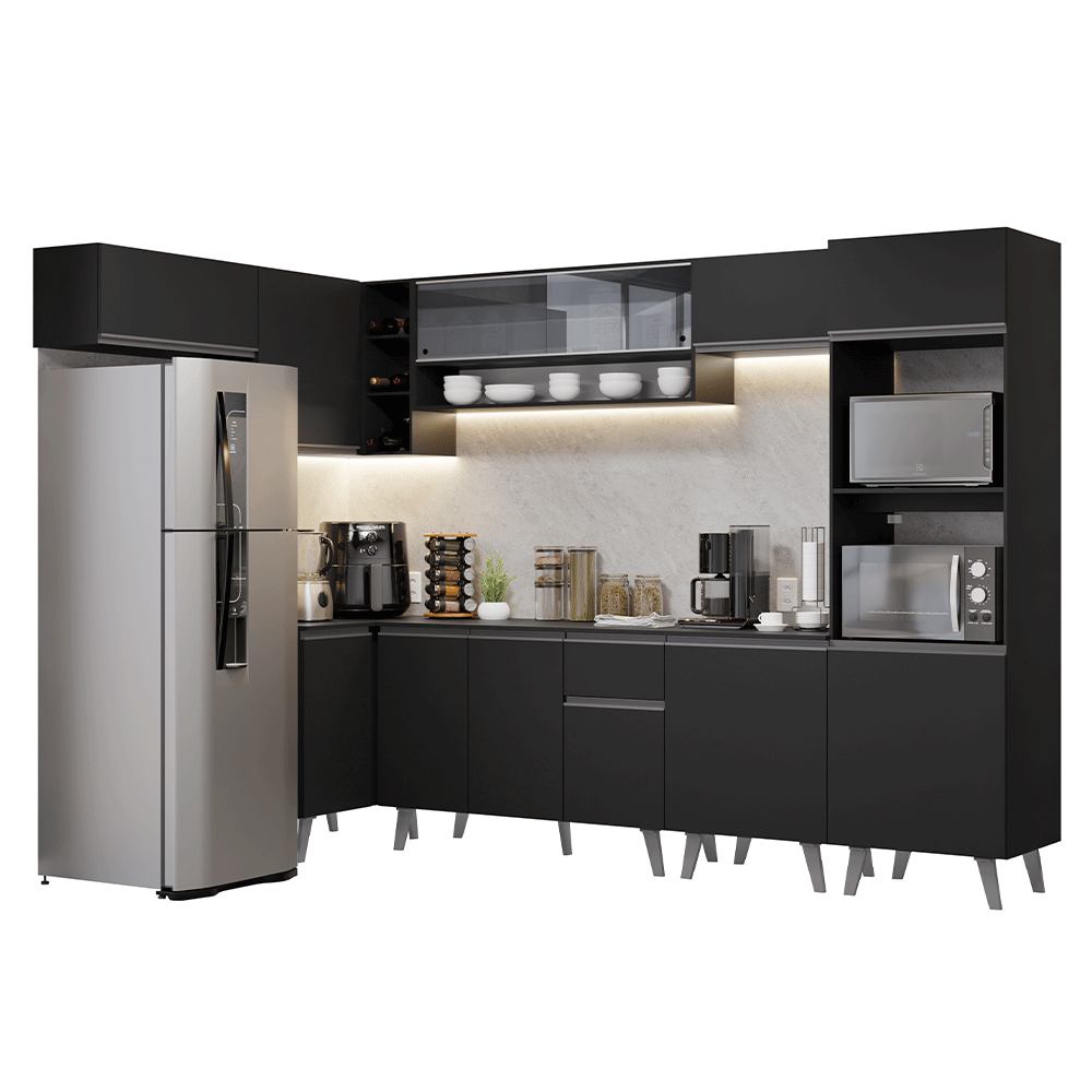 Armário de Cozinha Completa de Canto 465 cm Preto Nice Madesa 05
