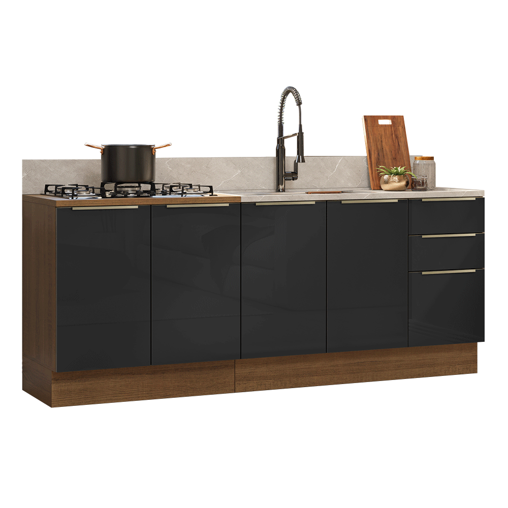Armário de Cozinha Compacta 200 cm Rustic/Preto Lux Madesa 05