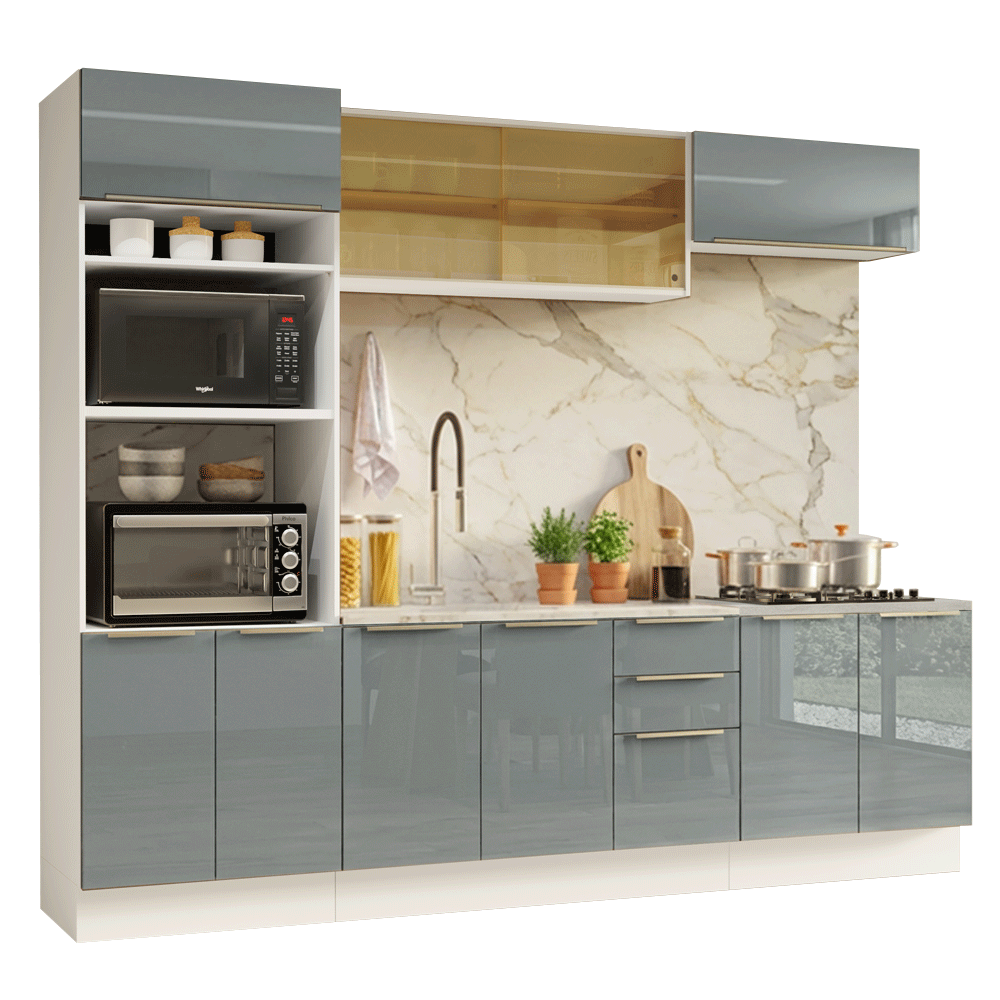 Armário de Cozinha Completa 270 cm Branco/Cinza Lux Madesa 05
