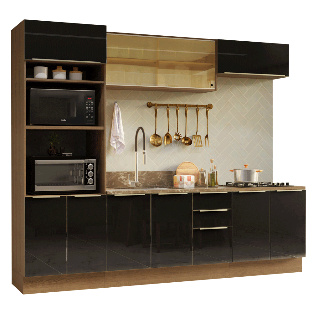 Armário de Cozinha Completa 270 x 60 cm Rustic/Preto Lux Madesa 06