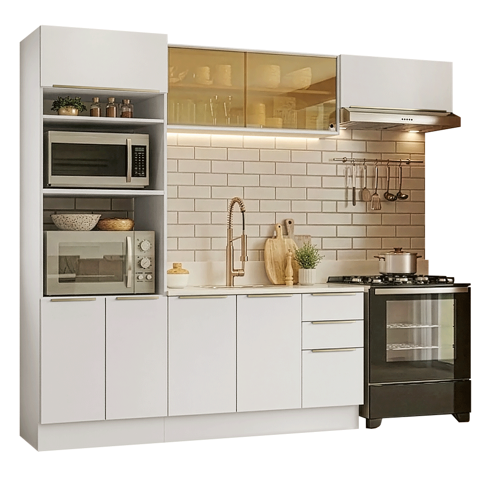 Armário de Cozinha Completa 270 x 60 cm Branco/Branco Veludo Lux Madesa 08
