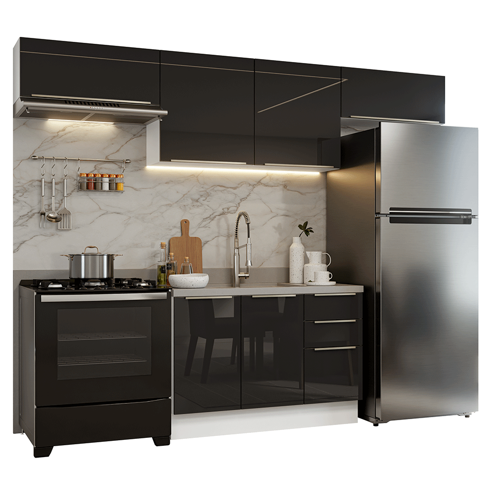 Armário de Cozinha Completa 280 cm Branco/Preto Lux Madesa 01