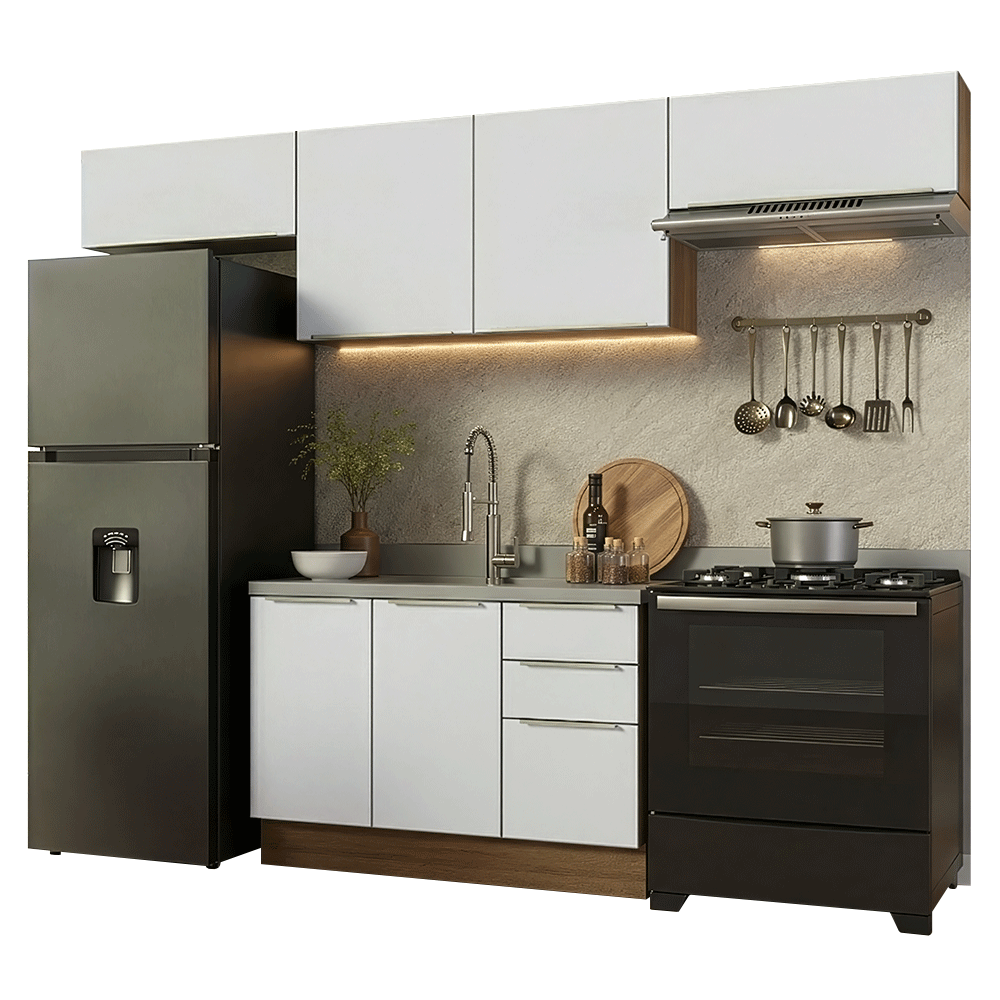 Armário de Cozinha Completa 280 x 60 cm Rustic/Branco Veludo Lux Madesa 02