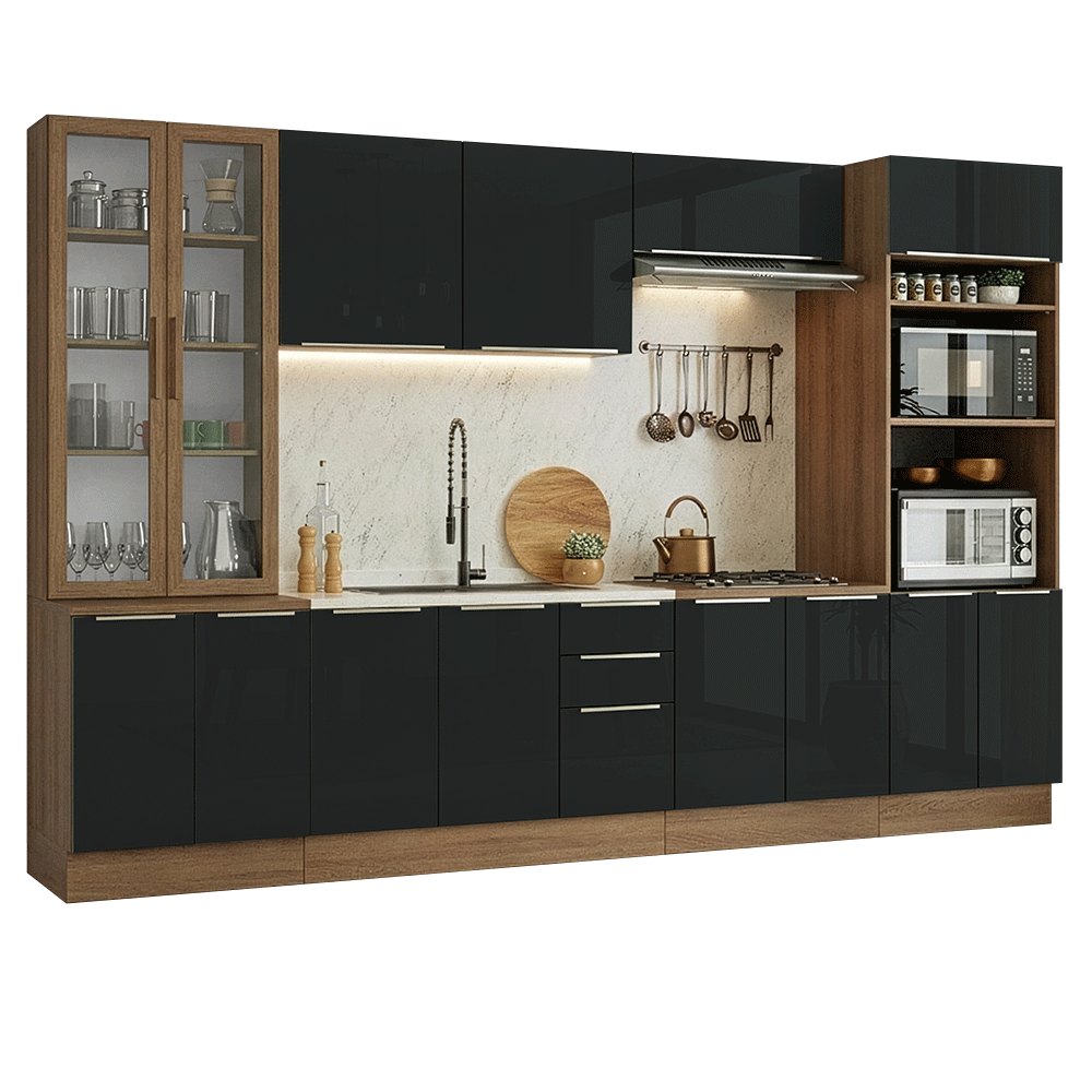 Armário de Cozinha Completa 340 x 60 cm Rustic/Preto Lux Madesa 04