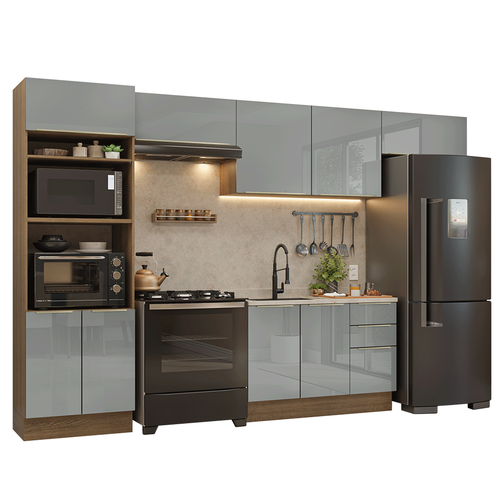 Armário de Cozinha Completa 350 cm Rustic/Cinza Lux Madesa 01