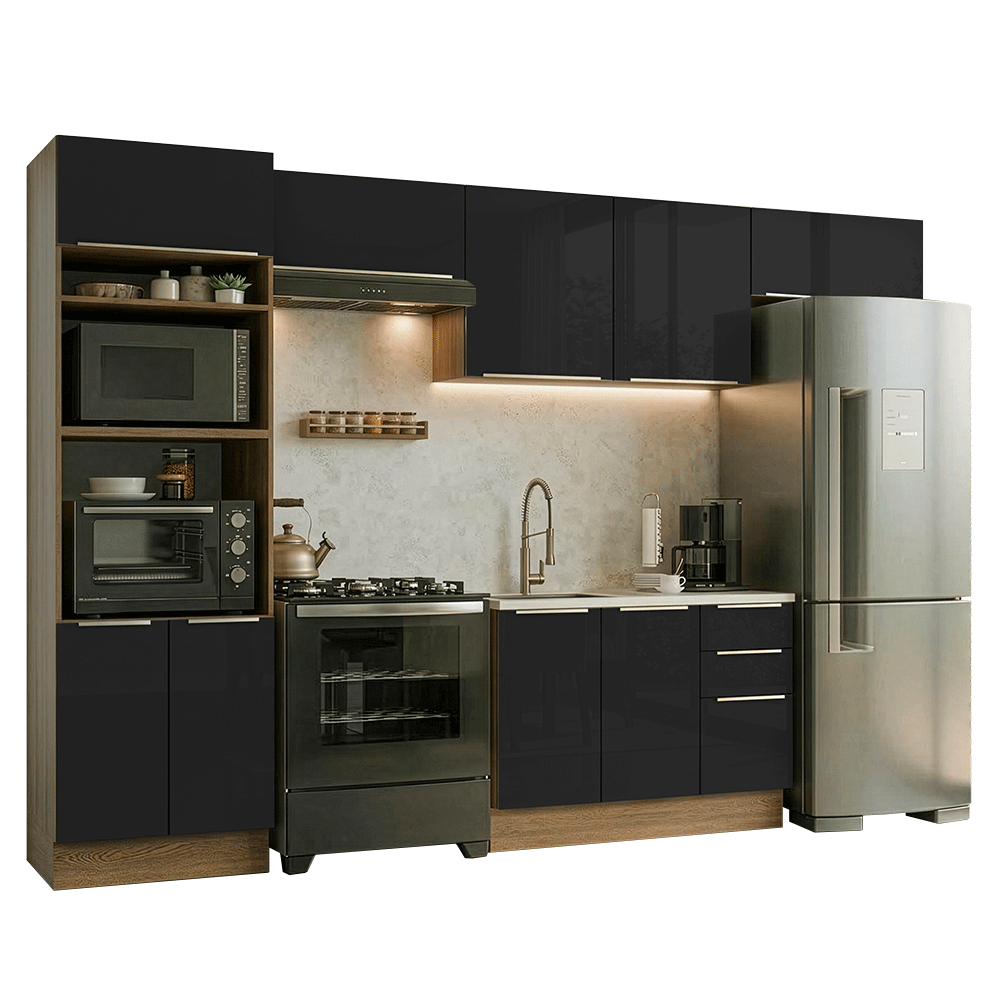 Armário de Cozinha Completa 350 x 60 cm Rustic/Preto Lux Madesa 02