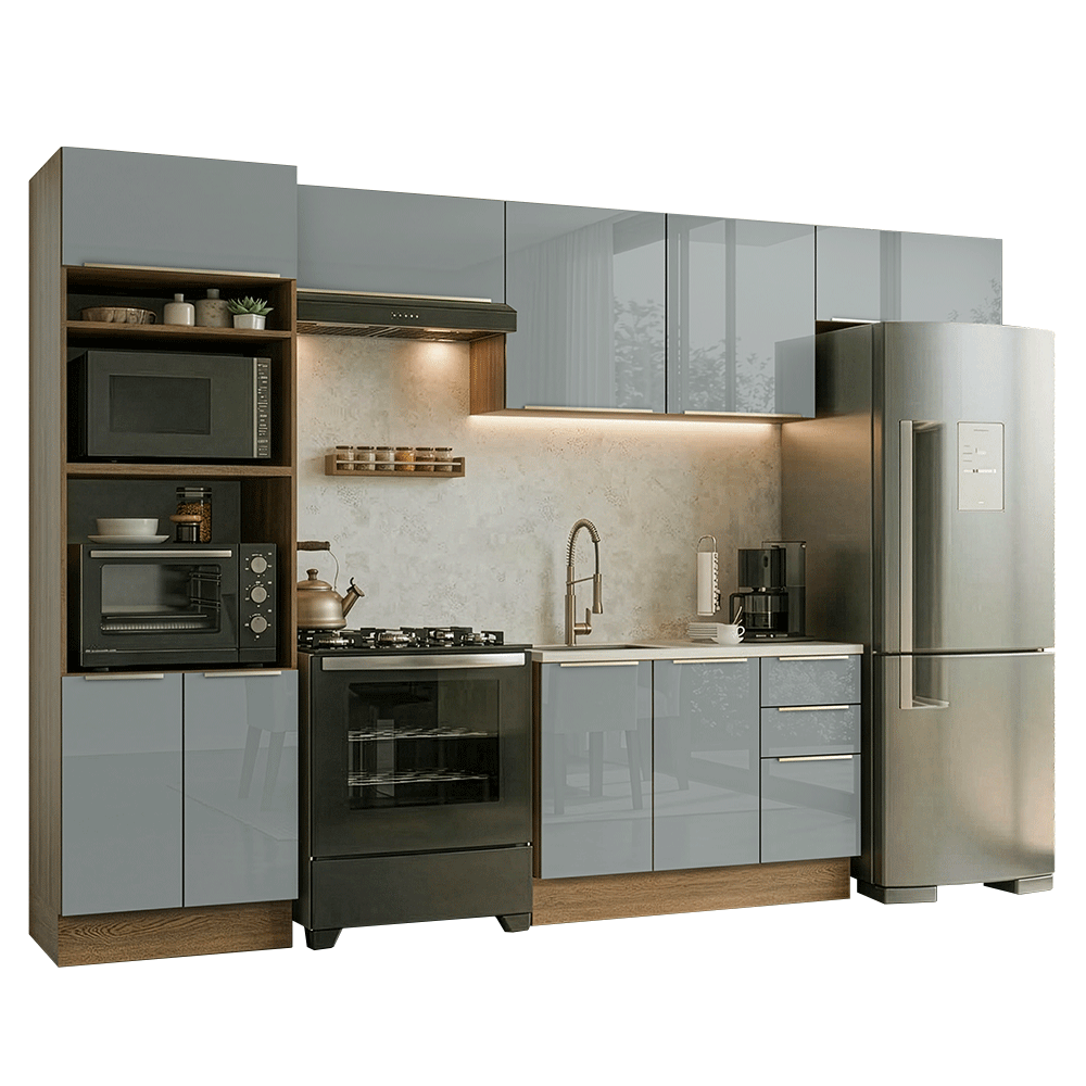Armário de Cozinha Completa 350 x 60 cm Rustic/Cinza Lux Madesa 02
