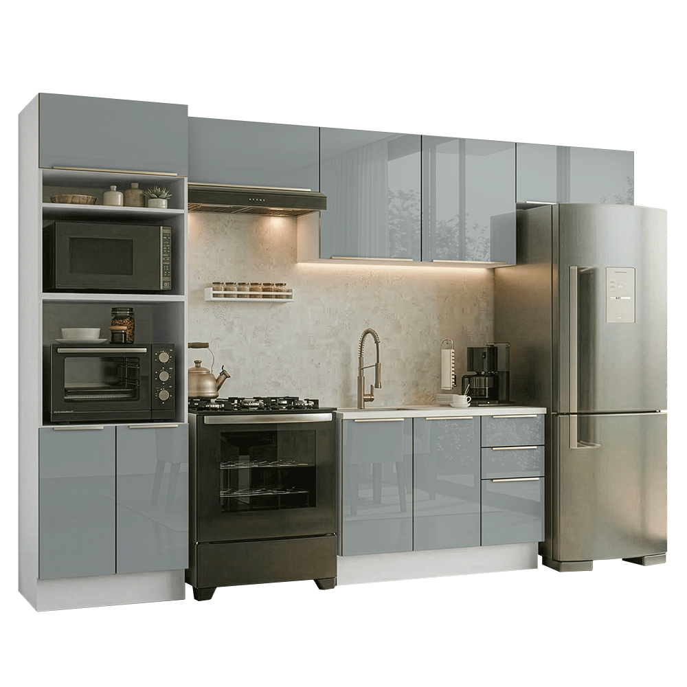 Armário de Cozinha Completa 350 x 60 cm Branco/Cinza Lux Madesa 02