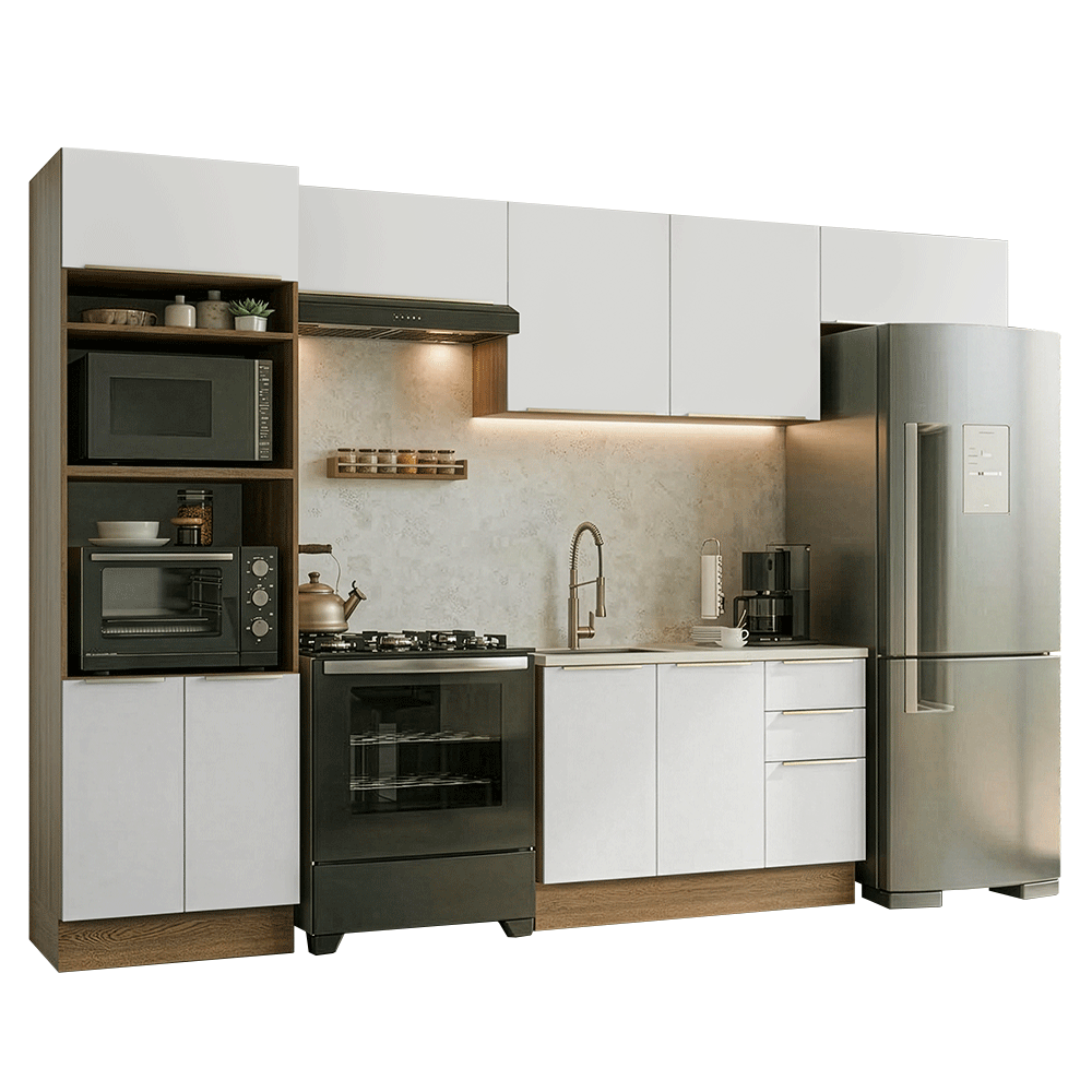 Armário de Cozinha Completa 350 x 60 cm Rustic/Branco Veludo Lux Madesa 02