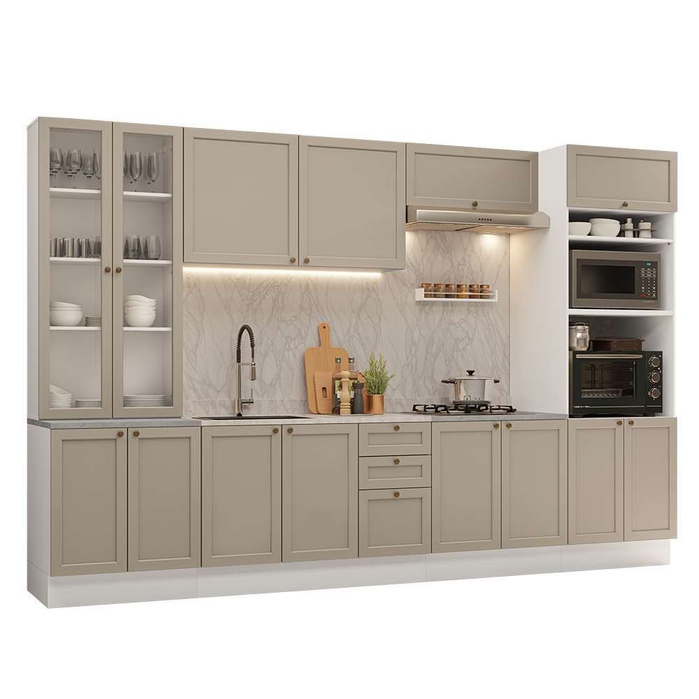 Armário de Cozinha Completa 340 cm Branco/Crema Vik Madesa 01
