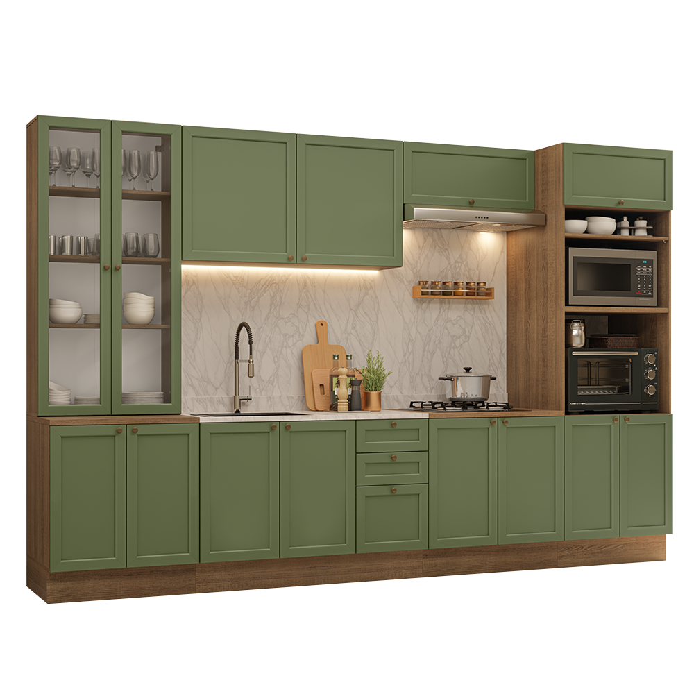 Armário de Cozinha Completa 340 cm Rustic/Verde Vik Madesa 01