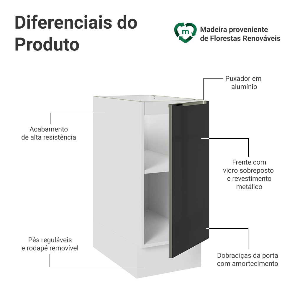 Balcão de Cozinha 35 cm 1 Porta (Sem Tampo) Branco/Preto Lux Madesa