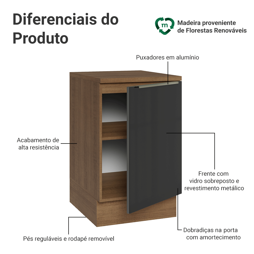 Balcão de Cozinha 50 cm 1 Porta Rustic/Preto Lux Madesa