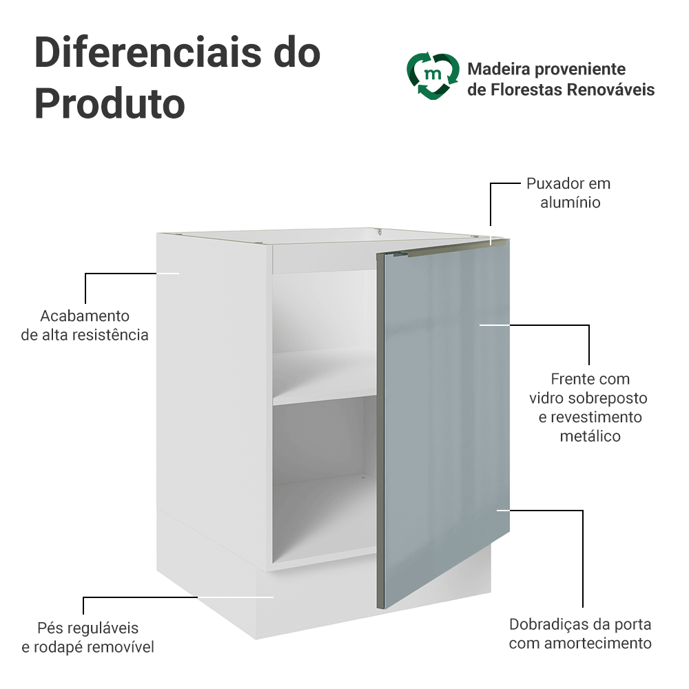 Balcão de Cozinha 60 cm 1 Porta (Sem Tampo) Branco/Cinza Lux Madesa