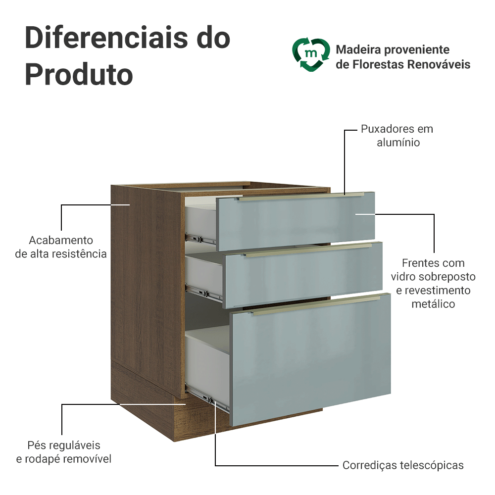 Balcão de Cozinha 60 cm 3 Gavetas (Sem Tampo) Rustic/Cinza Lux Madesa