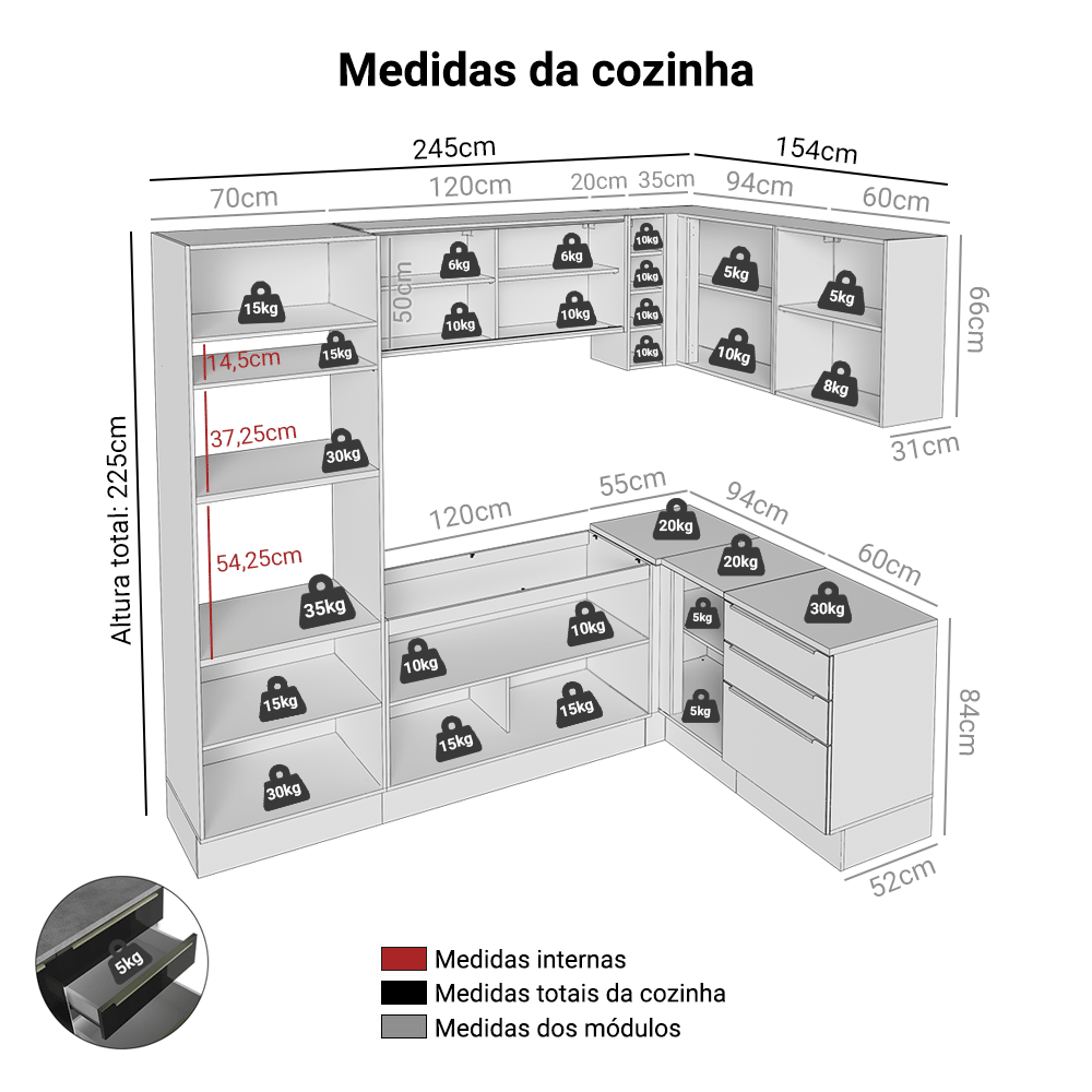 Armário de Cozinha Completa de Canto 399 cm Branco/Preto Lux Madesa 01
