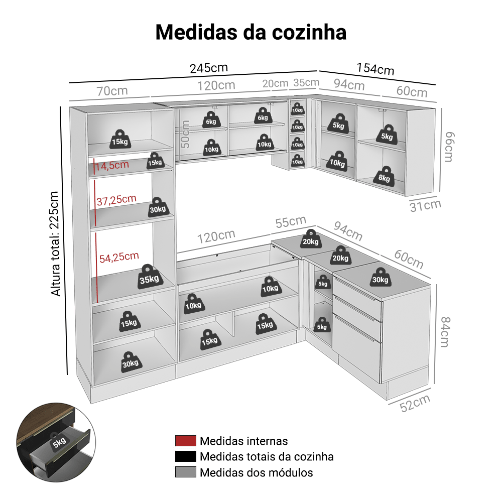 Armário de Cozinha Completa de Canto 399 cm Rustic/Preto Lux Madesa 01