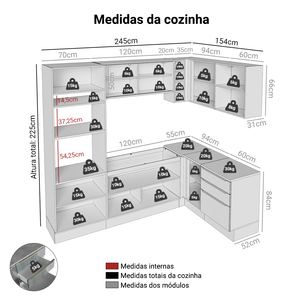 Armário de Cozinha Completa de Canto 399 cm Branco/Cinza Lux Madesa 01