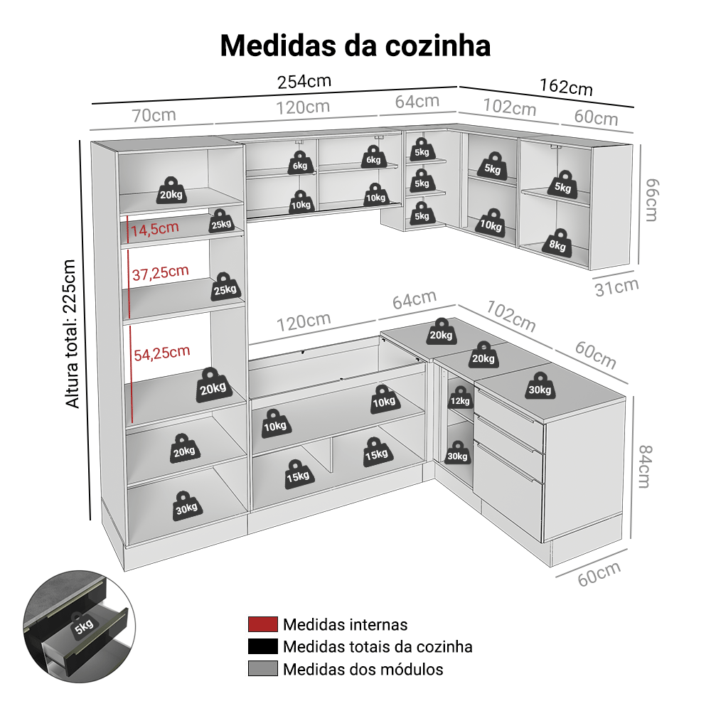 Armário de Cozinha Completa de Canto 416 x 60 cm Branco/Preto Lux Madesa 01