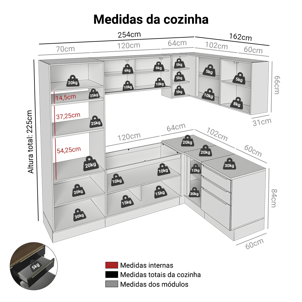 Armário de Cozinha Completa de Canto 416 x 60 cm Rustic/Preto Lux Madesa 01