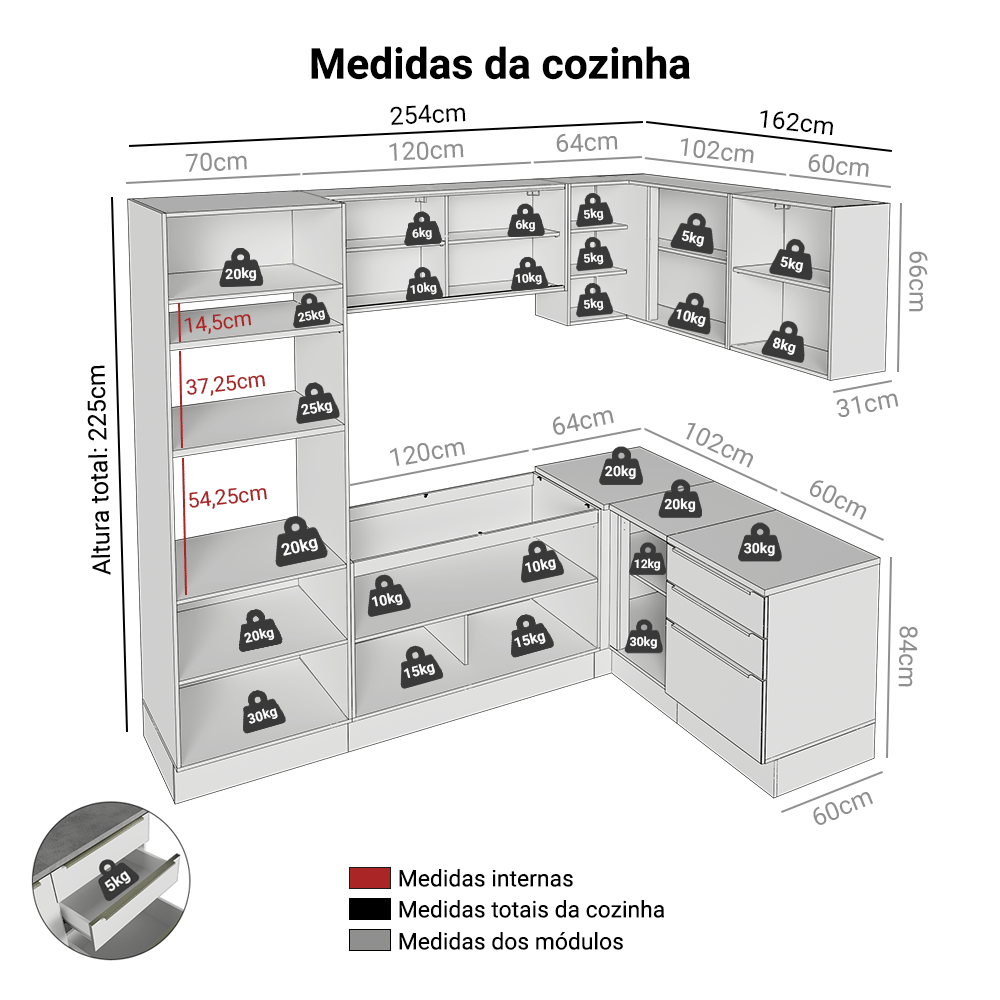 Armário de Cozinha Completa de Canto 416 x 60 cm Branco/Branco Veludo Lux Madesa 01