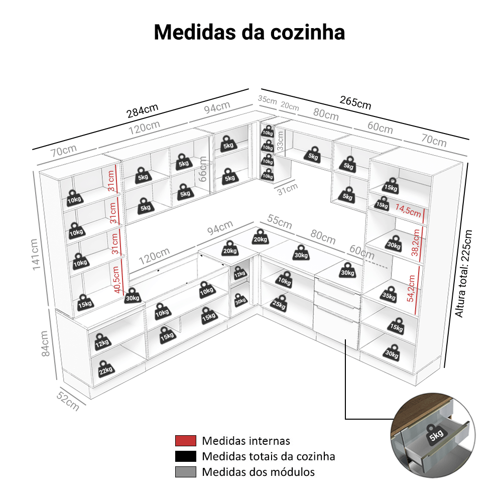 Armário de Cozinha Completa de Canto 549 cm Rustic/Preto Lux Madesa 01