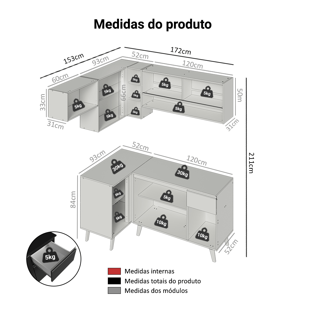 Armário de Cozinha Completa de Canto 325 cm Preto Nice Madesa 04