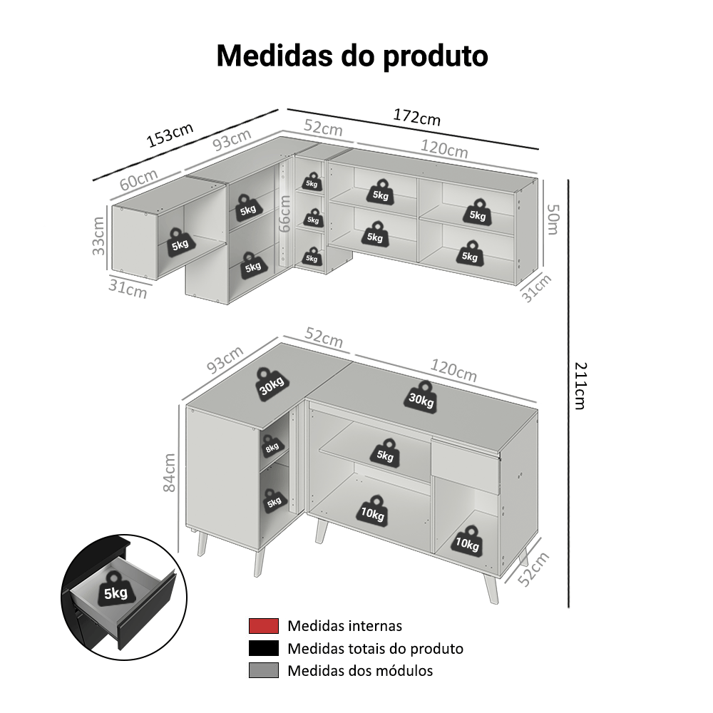 Armário de Cozinha Completa de Canto 325 cm Preto Nice Madesa 06