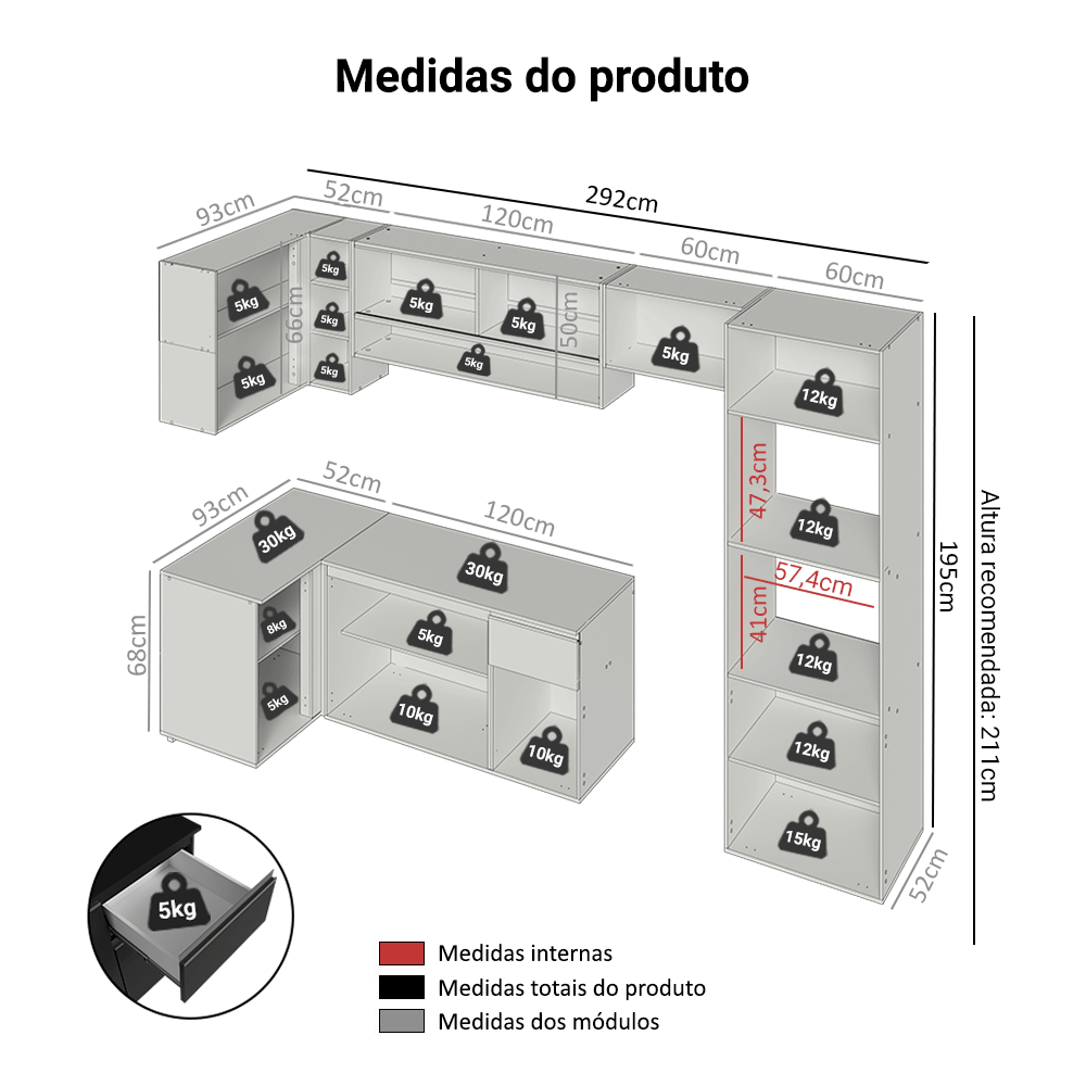 Armário de Cozinha Completa de Canto Suspenso 385 cm Preto Nice Madesa 01