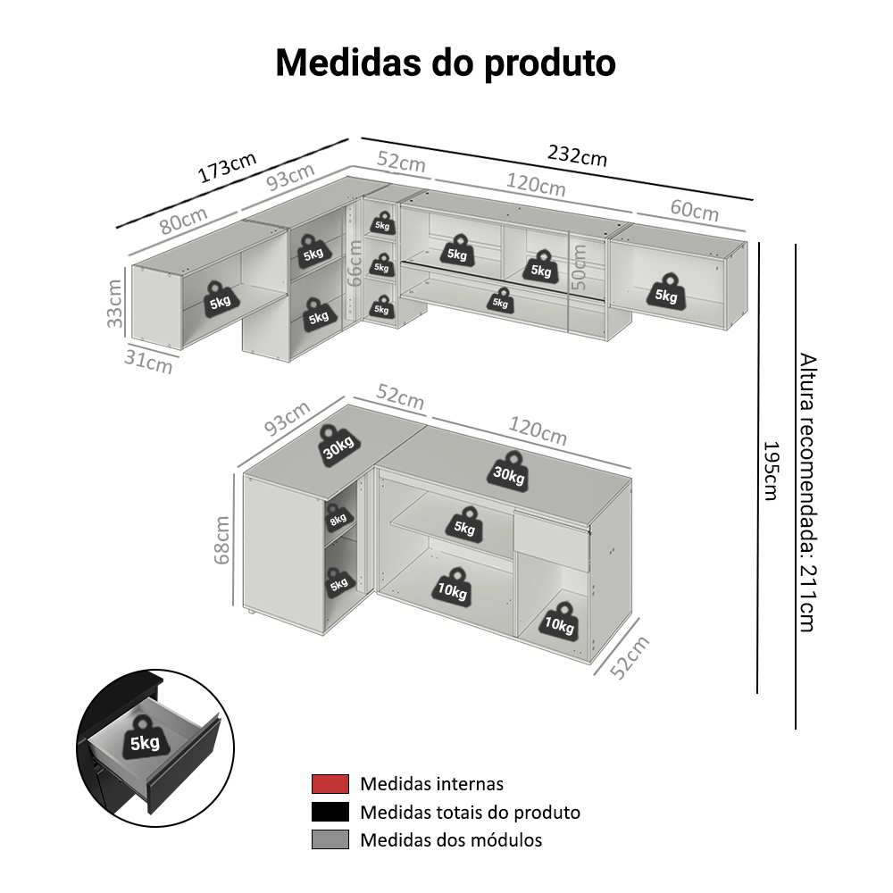 Armário de Cozinha Completa de Canto Suspenso 405 cm Preto Nice Madesa 04