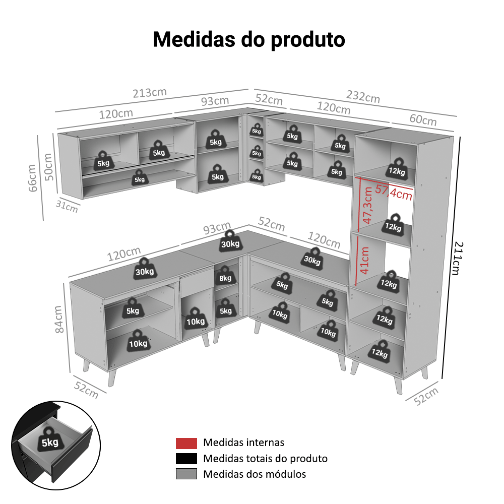 Armário de Cozinha Completa de Canto 445 cm Preto Nice Madesa 02