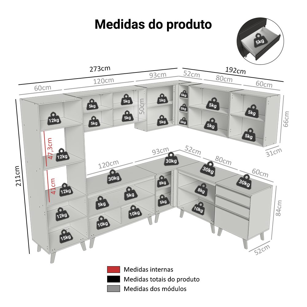 Armário de Cozinha Completa de Canto 465 cm Preto Nice Madesa 01