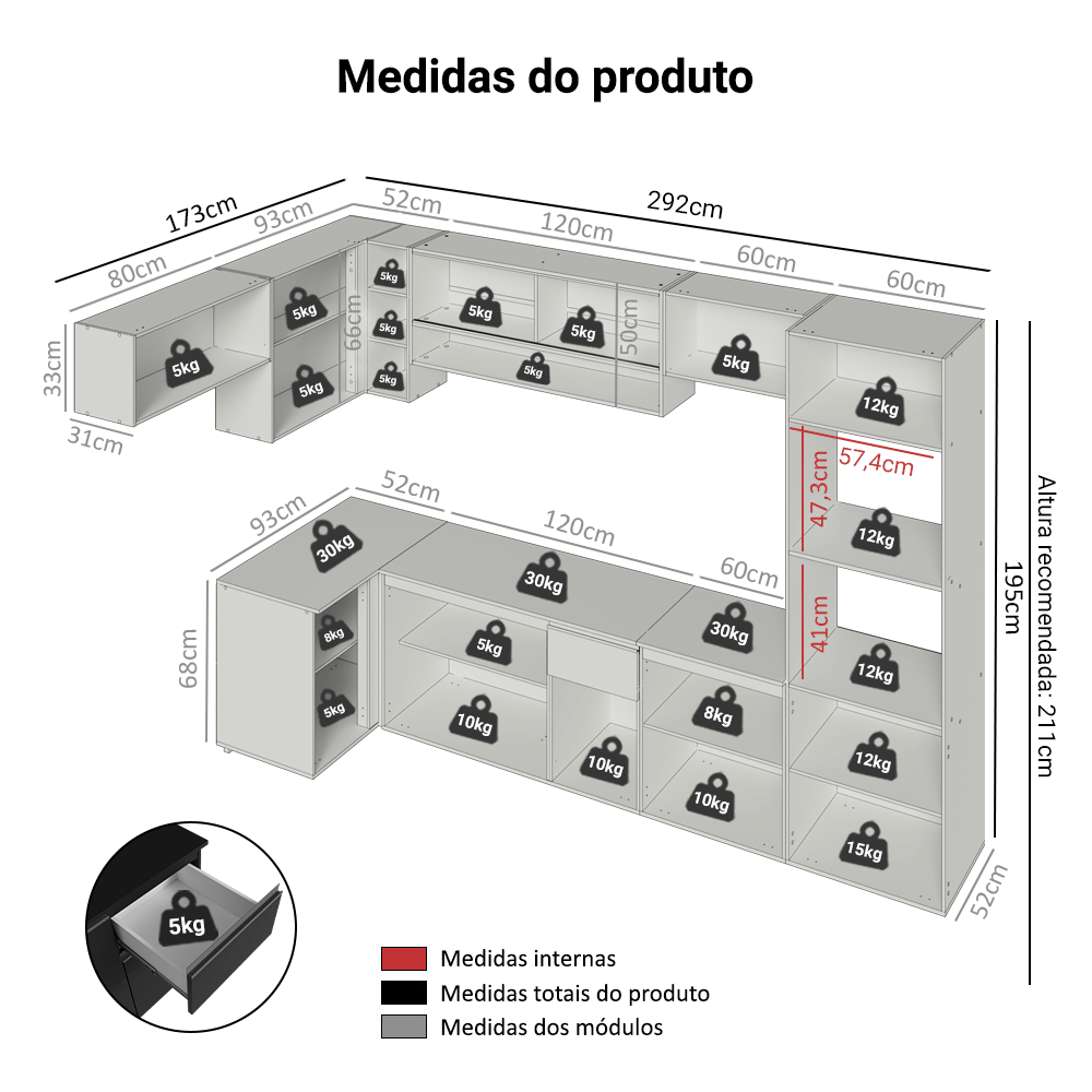 Armário de Cozinha Completa de Canto Suspenso 465 cm Preto Nice Madesa 03