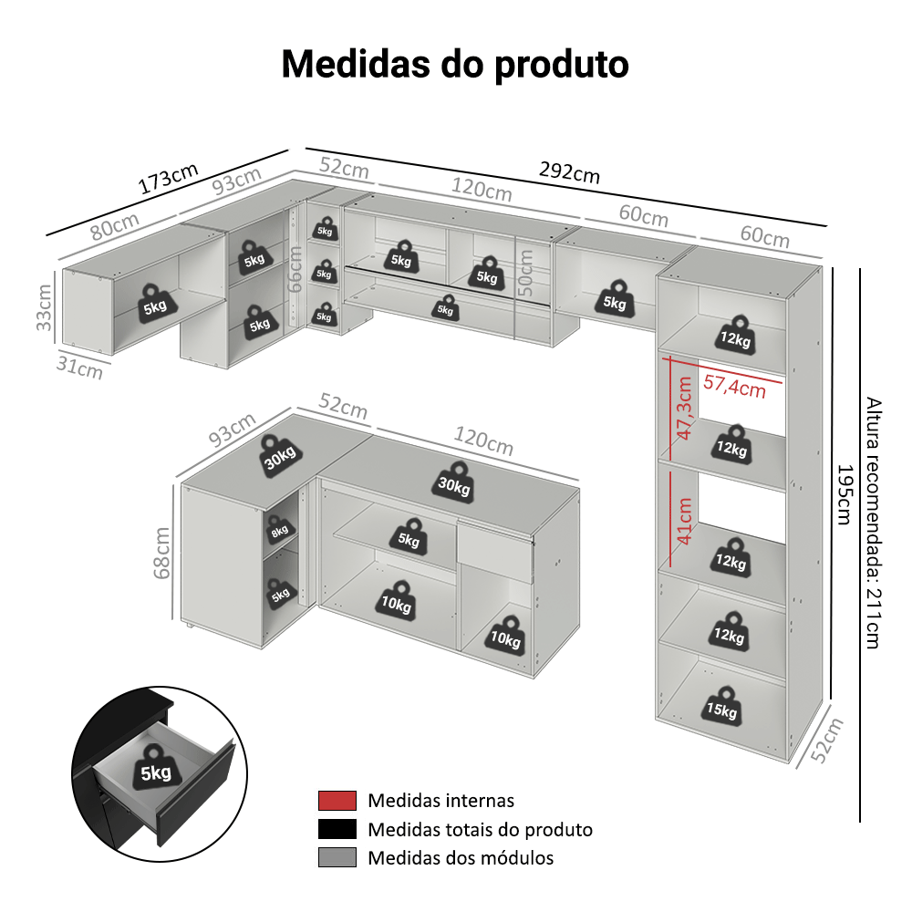 Armário de Cozinha Completa de Canto Suspenso 465 cm Preto Nice Madesa 06