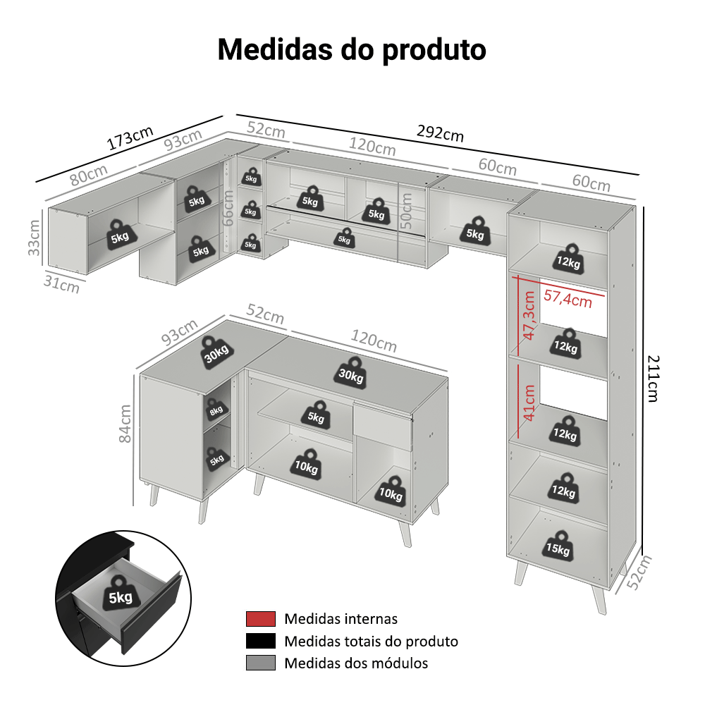 Armário de Cozinha Completa de Canto 465 cm Preto Nice Madesa 08