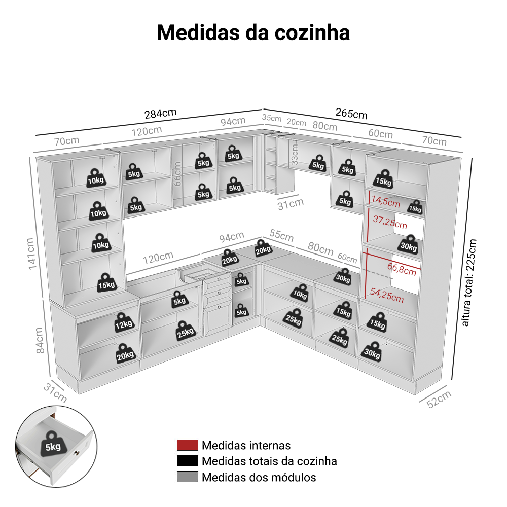 Armário de Cozinha Completa de Canto 549 cm Rustic/Branco Vik Madesa 01
