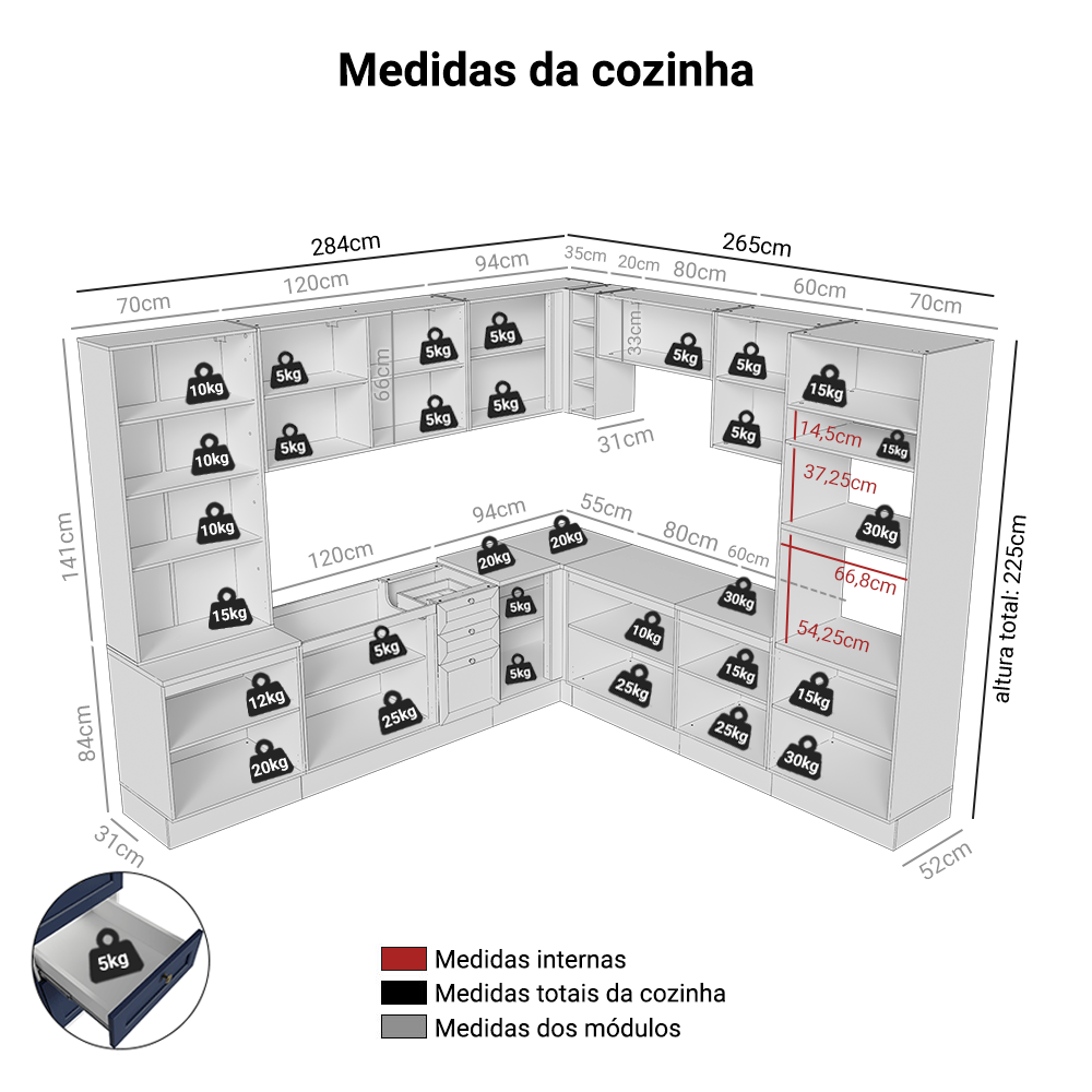 Armário de Cozinha Completa de Canto 549 cm Branco/Azul Vik Madesa 01